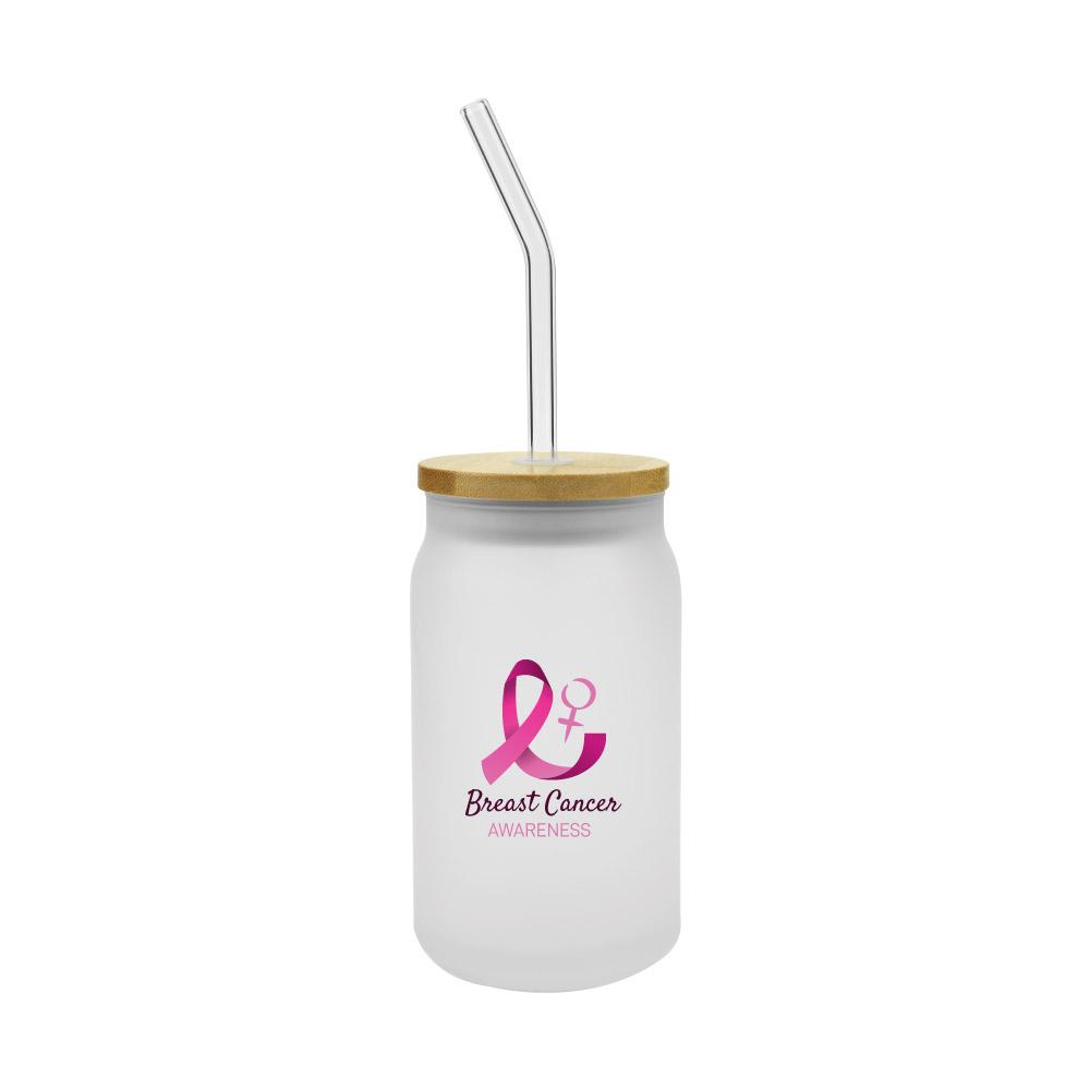 Glass Bottle with Straw & Breast Cancer Awareness Logo